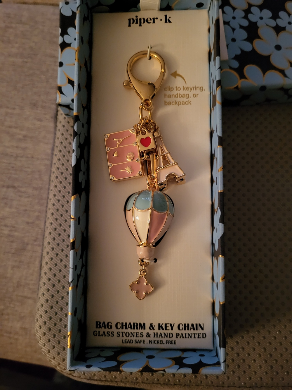 piper·k Hot Air Balloon Bag Charm Key Chain - Pastel Pink & Blue. New In Box